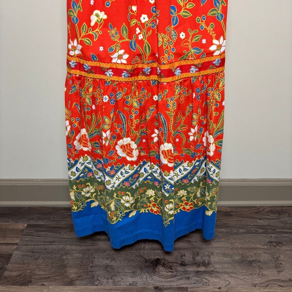 Tory Burch Dayton Orange Samba Batik Floral Tiered Summer Midi Dress Womens 8 - Picture 8 of 9